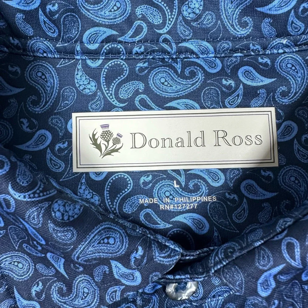 Donald Ross Polo Shirt Mens Large Blue Paisley Performance Stretch Sport Golf
